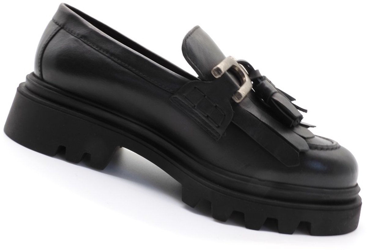 Dames Loafers Echt Leer – Zwarte Chunky Zool – Elegante Fringes & Gesp – Comfortabele Instappers