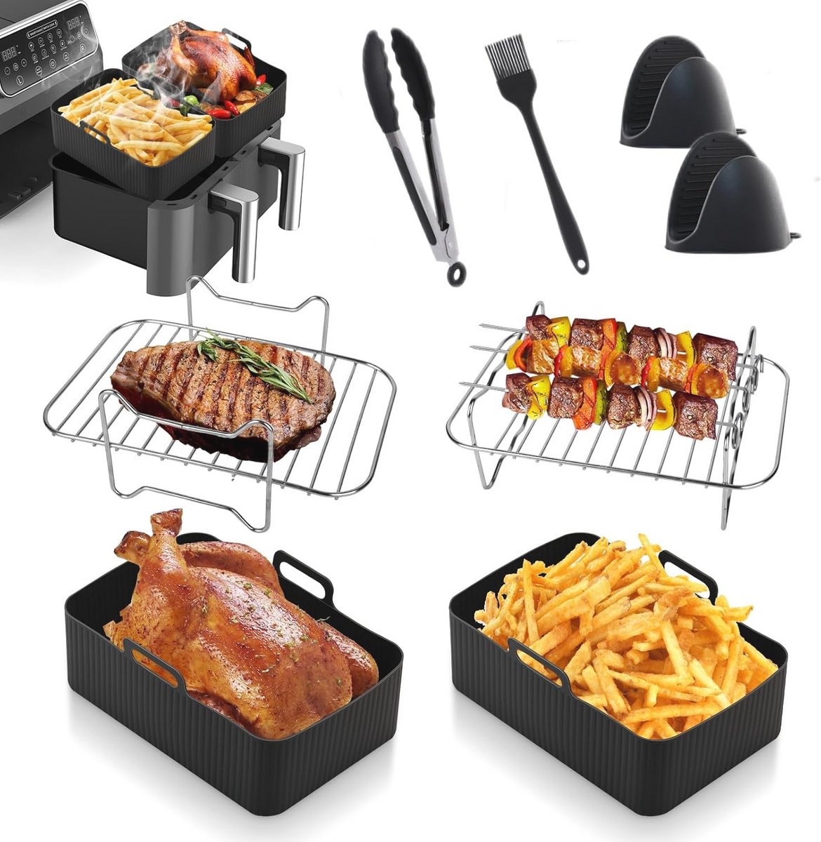 8-delige Set Air Fryer Accessoires voor Multi-Use Koken Inclusief Herbruikbare Siliconen Liner Grill Kookboek en Handschoenen