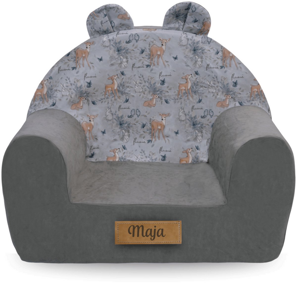 Kinderfauteuil met oren, gepersonaliseerd voor baby’s en peuters 56x33x42 cm, hert, grijs