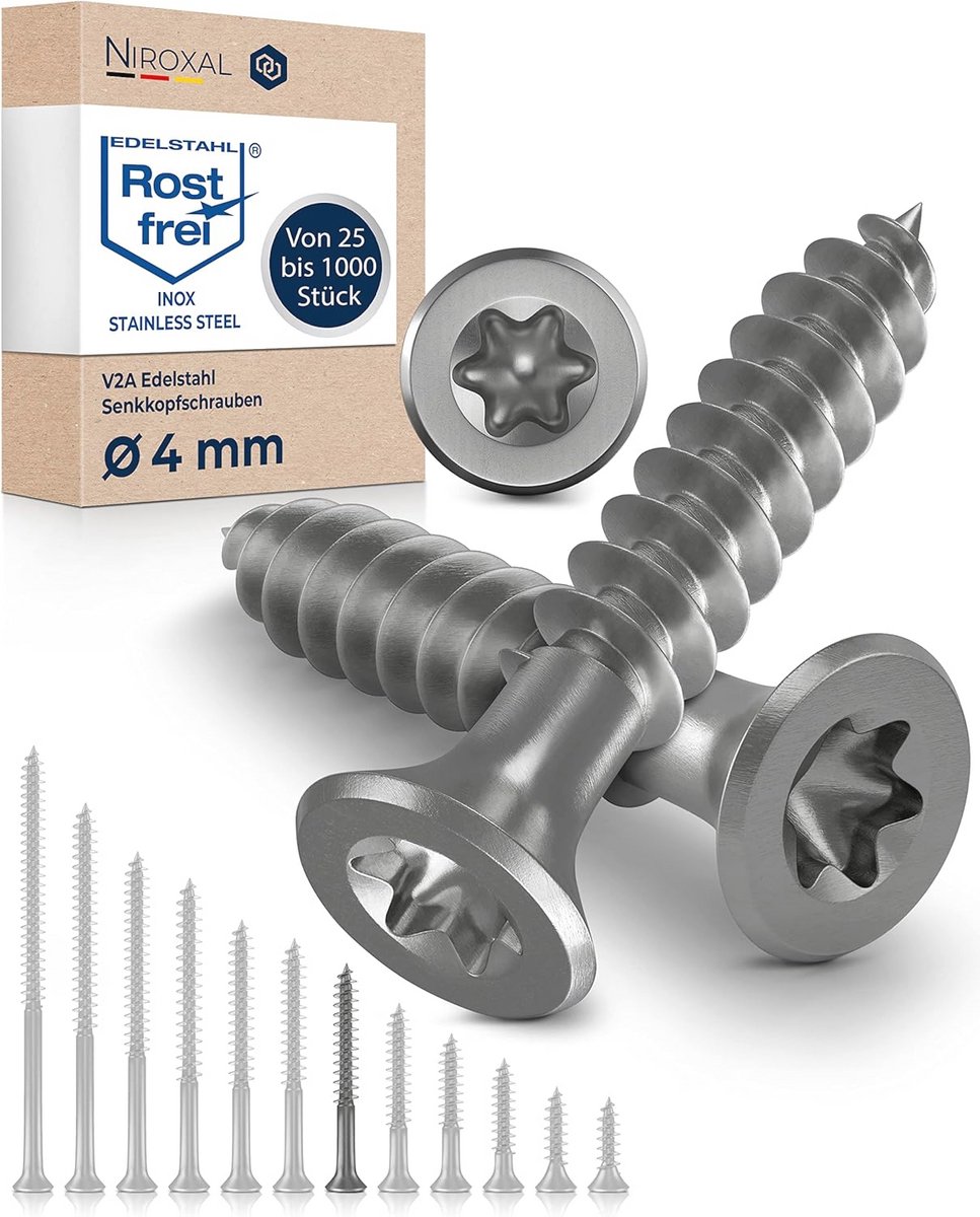 Verzonken Houtschroeven RVS 4 x 40 mm - 400 Stuks Torx V2A - Sterke en Duurzame Schroeven voor Spaanplaat en Hout