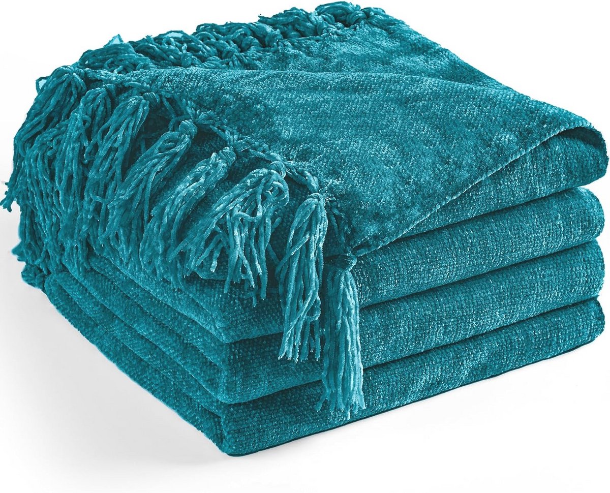 Chenille plaid 152 x 80 cm - Zachte en knusse deken met franjes en kwastjes voor bed of sofa - Lichtgewicht boho-deken in groenblauw