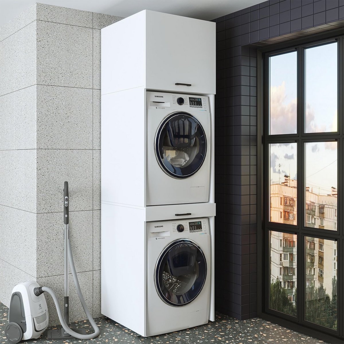 Wasmachinekast met Uittrekplank voor Droger en Wasmachine - Ruimtebesparend Design in Wit en Zwart Eiken
