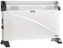 Witte convector met zwarte accenten en pootjes. Tekst 'WARNING DO NOT COVER' op de voorkant. EDM logo.
