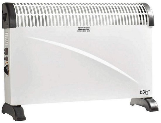 Witte convector met zwarte accenten en pootjes. Tekst 'WARNING DO NOT COVER' op de voorkant. EDM logo.