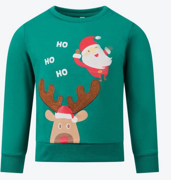 Pull de Noël moche Enfants - Garçons et Filles - Père Noël et rennes - Ho Ho Ho - Vert - 98/104