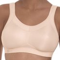 Vooraanzicht van de beige Anita Active sportbeha met logo op de onderste band.