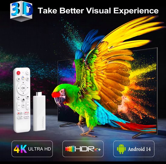 TV met een kleurrijke papegaai in 3D, naast een witte afstandsbediening en TV stick.