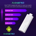 Vergelijking van Android-versies met de witte H96Max TV Stick, met Android 14 vooraan.