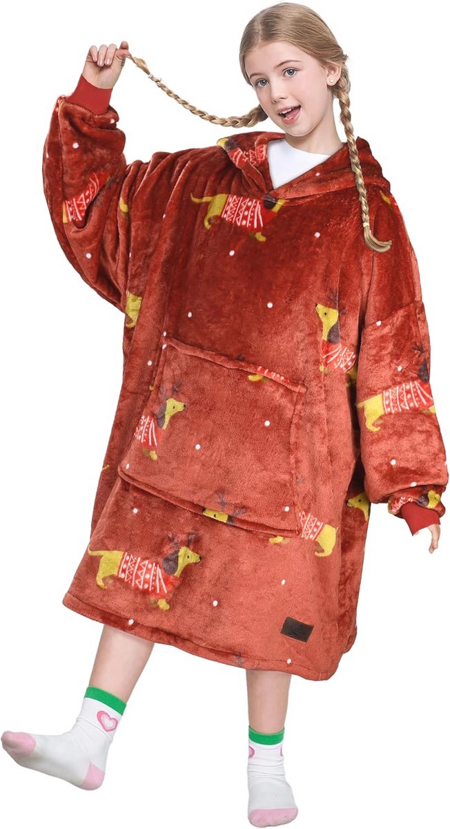 Zachte en warme oversized fleece hoodie-deken voor kinderen - Draagbare knuffeldeken met groot voorvak