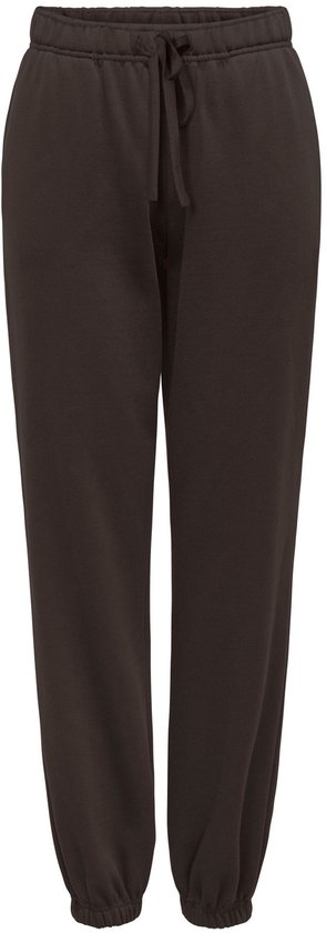Donkerbruine joggingbroek met trekkoord, opgestoken tegen een witte achtergrond.