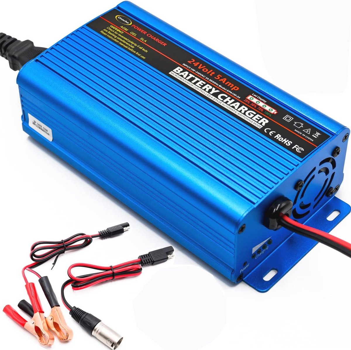 Automatische 24V Acculader met 5 Amp - Slimme Batterij Onderhouder met 3-pins XLR Connector en I/O Schakelaar voor Rolstoel, Auto, Truck en Marine Boot