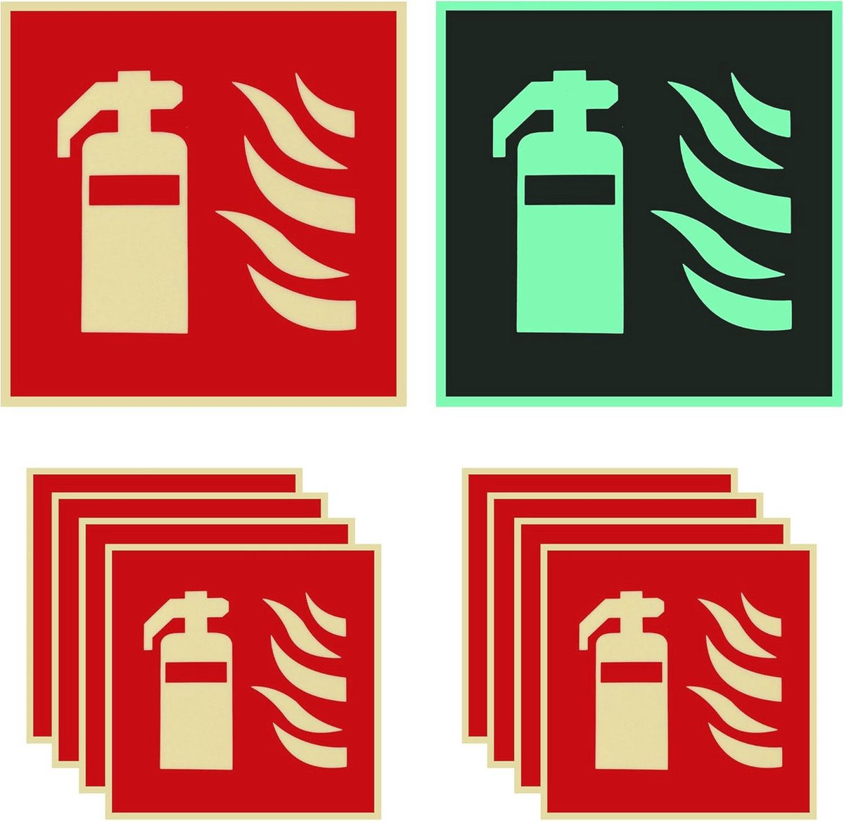 Oplichtende brandblusser-borden set van 8 - Waarschuwingsborden voor optimale brandveiligheid - Zelfklevend PVC 15x15 cm