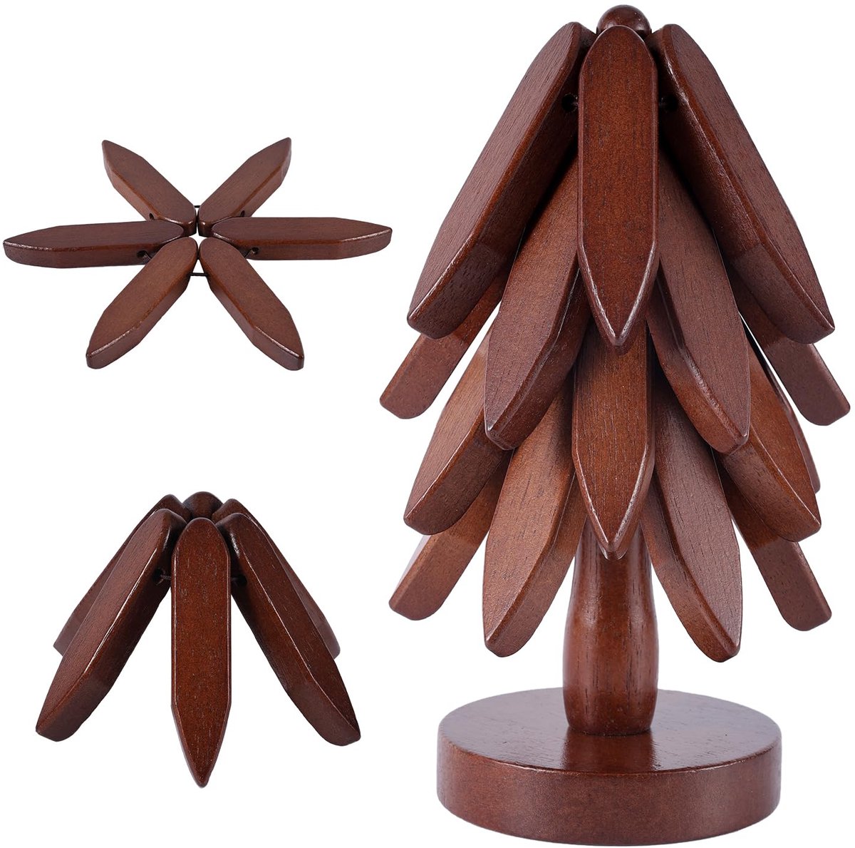 Houten onderzettersset voor hete kommen, 4 lagen, boomvormige onderzetter met standaard, houten onderzetter voor hete potten en pannen, houten pannenhouder voor de keuken