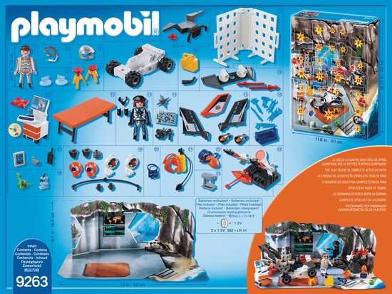 Onderdelen Playmobil Adventskalender Top Agents 9263: uitrusting, voertuigen, figuren en onderdelen, in doos.