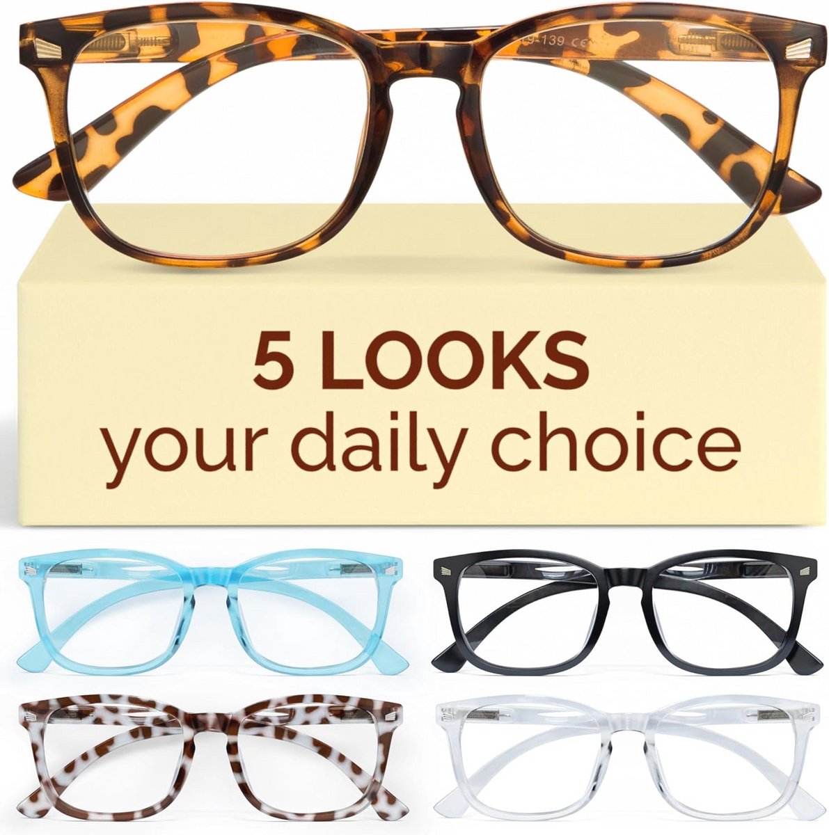 5 Pack Leesbrillen met Blauw Lichtfilter - UV Straling en Glare Bescherming - Mode Nerd Zonnebrillen voor Mannen en Vrouwen