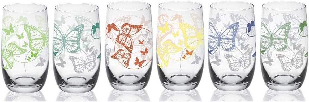 6 kleurrijke longdrinkglazen met vlinderprint - 320 ml transparante sap- en waterglazen - Vaatwasmachinebestendig