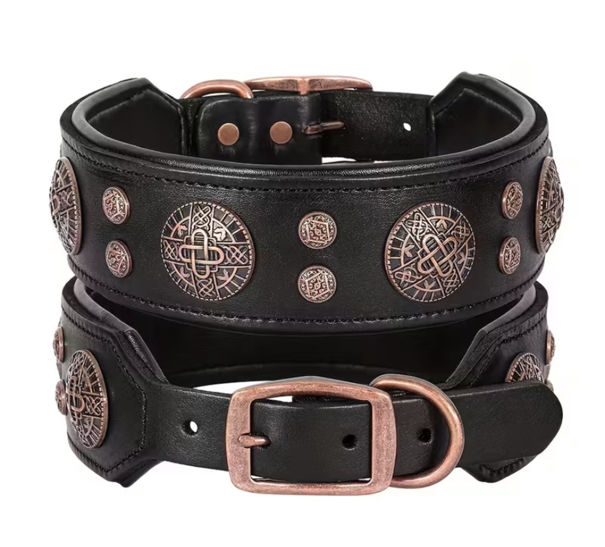 Hondenhalsband Zwart LEER met Metalen Decoratie | BLACK TITAN HALSBAND | Maat XL | Leren Halsband voor Honden | Petshop Seven