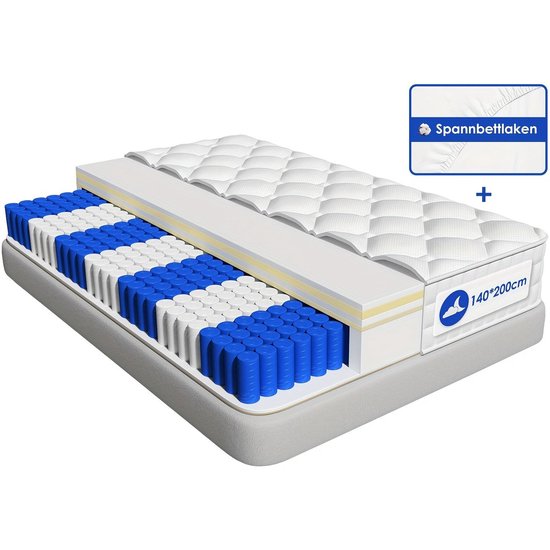 Matras – Pocketveringmatras – Tweepersoonsmatras – Binnenveringsmatras – Orthopedisch matras – 140x200 cm – 7-Zones Pocketvering – 22 cm Hoog – Medium Stevigheid (H3)