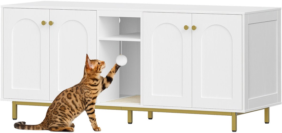 Kattenbakkast – Kattenkast – Kattenbak Meubel – Kattenhuis – Kattenbak Ombouw – Voor 2 Katten – Verborgen Kattenbak Met Opbergruimte – Wit Met Gouden Accenten – 140x48x62 cm – Inclusief Pluche Speelballen