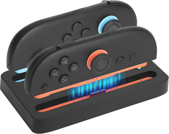 Zwarte oplaaddock voor 2 Joy-Con controllers met blauwe en oranje accenten.