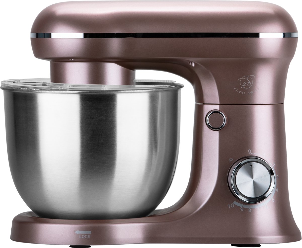 Royal Swiss® Robot de cuisine malaxeur pétrisseur 5 L 1500W – Bol Inox 5L – 10 Vitesses Fonction Pulse – Mouvement Planétaire 360° – Batteur, Crochet, Fouet – Silencieux – Rose