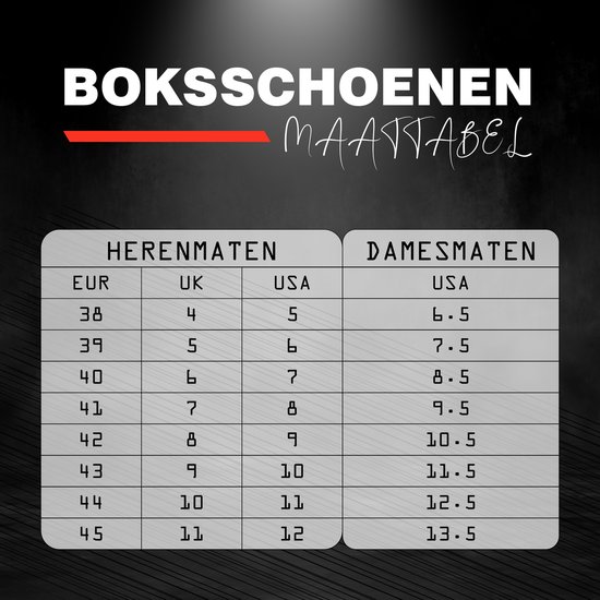 Maattabel voor heren- en damesschoenen met EUR, UK en USA maten.