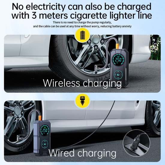 Draadloze draagbare autobandenpomp, 12V krachtige pomp voor auto's en sedans — afbeelding 2