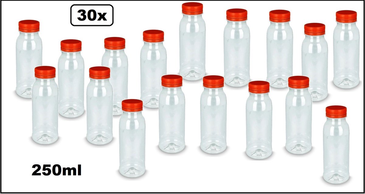 30x Flesje PET 250/300cc met oranje dop - 250-300ml - Sap water gerecyclede drink fles vruchten limonade drank festival uitdeel party