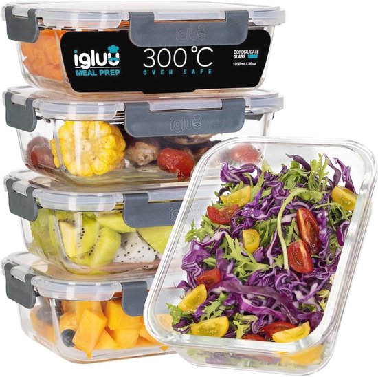 M MCIRCO [5-pack, 36 oz glazen maaltijdbereidingscontainers 2 compartimenten portieregeling met verbeterde kliksluitdeksels, glazen voedselopslagcontainers, magnetron, oven, vriezer en vaatwasser (4,5