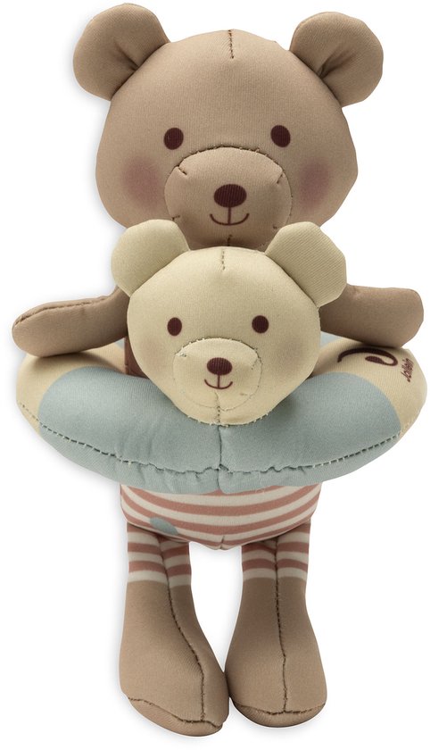 Bruine teddybeer met kleinere, crème teddybeer om de nek. De grotere beer draagt een roze/wit gestreepte broek en heeft een zwemband met blauw-crèmekleurige strepen.