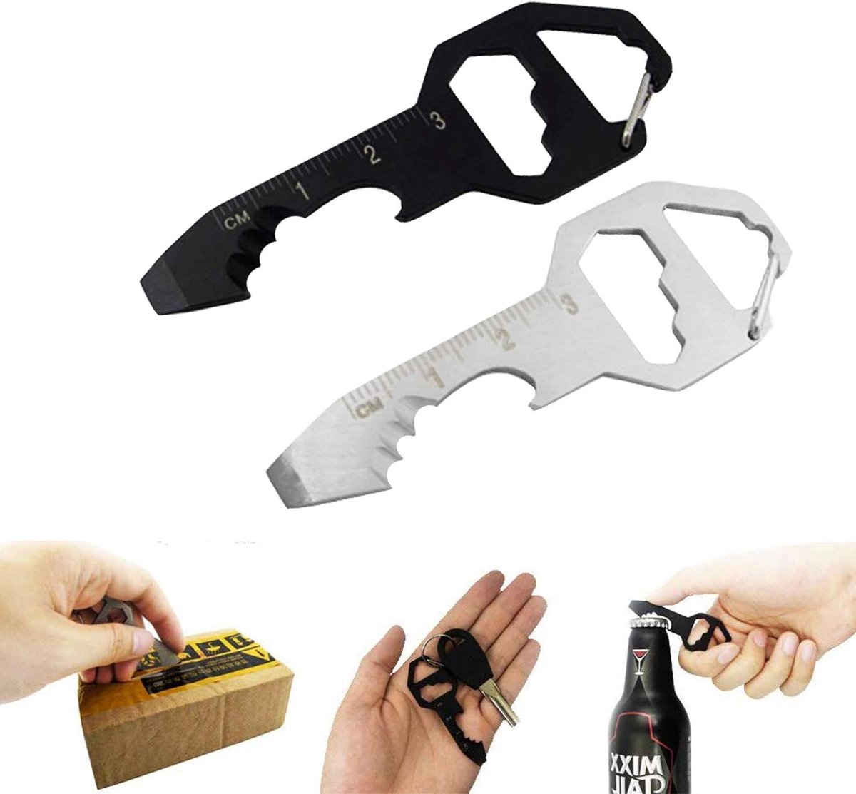2-delige RVS Sleutelhanger Multitool - 6-in-1 EDC Tool Met Flesopener & Schroevendraaier