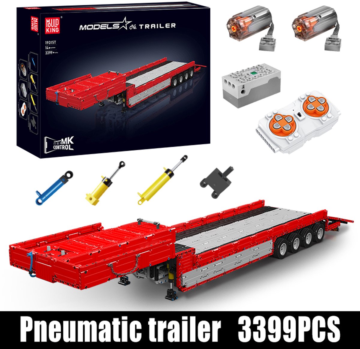 Mould King 19015T - nieuwste versie - Aanhangwagen – 3399-delige gemotoriseerde bouwset | Compatibel met Mould King & andere merken