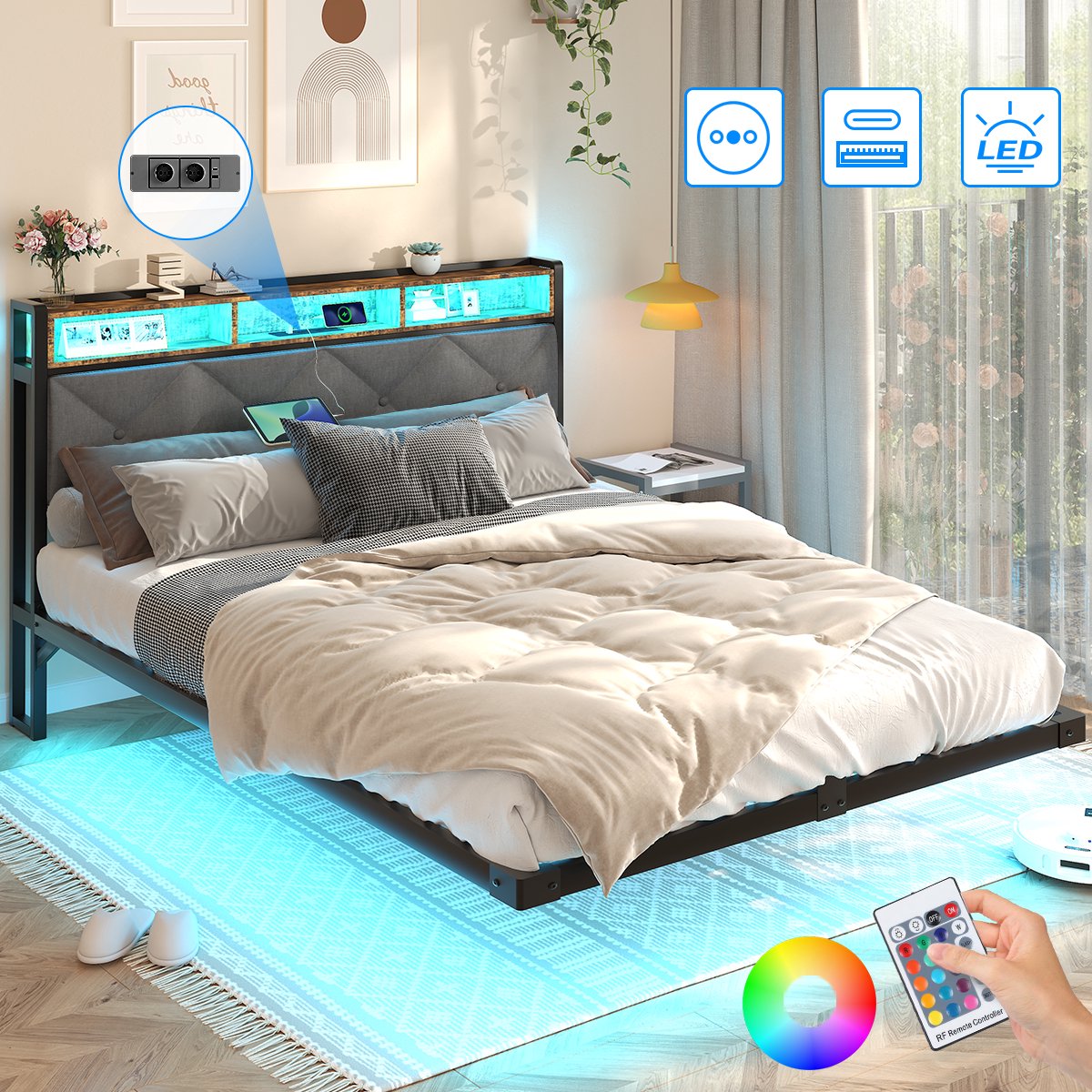 Mihtrov Tweepersoonsbed 140x190 cm - Heavy Duty Metalen Bedframe - Tienerbed - Jongerenbed - Jeugdbed - Zwevend Design - Met LED Verlichting - Stopcontacten - USB Poorten en Type C - Hoofdbord met Opbergruimte - Donkergrijs Linnen Zwart