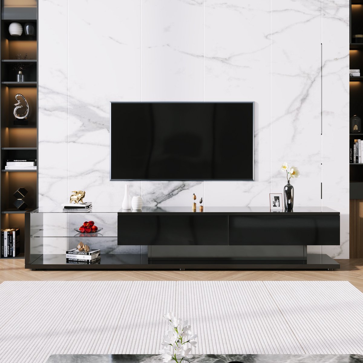 HAUSS SPOLE TV-Meubel - Hoogglans Met Instelbare LED En Glasplanken - 2 Lades En 50kg Draagkracht - Spaanplaat - 170x36x38 cm - Zwart