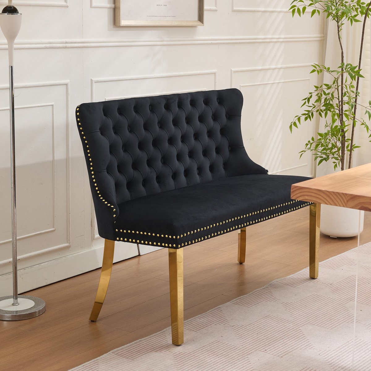 PHOEBE CAT Eetbank - Velvet - Tweezits eetkamerstoel - Hoge rugleuning - Metalen poten - Zwart + Goud