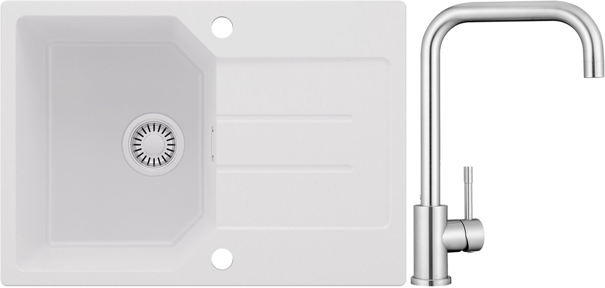 Anycee MAX Spoelbak Keuken 65x45CM - Granieten Spoelbakken Met keukenmengkraan - Onderbouw Spoelbak Wit - Met waterafvoersysteem - Voor 40 cm kast