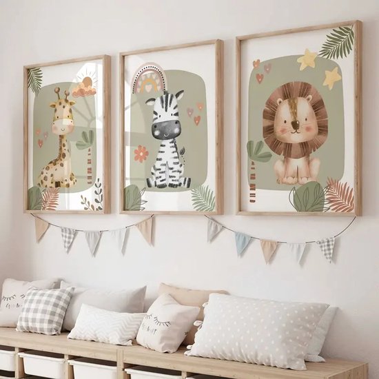 Set: 3 Canvas 'Giraffe, Zebra & Leeuw' - 30x40cm - Posters zonder Lijst - Babykamer - Kinderkamer - Jungle Dieren - Muur Decoratie Kind