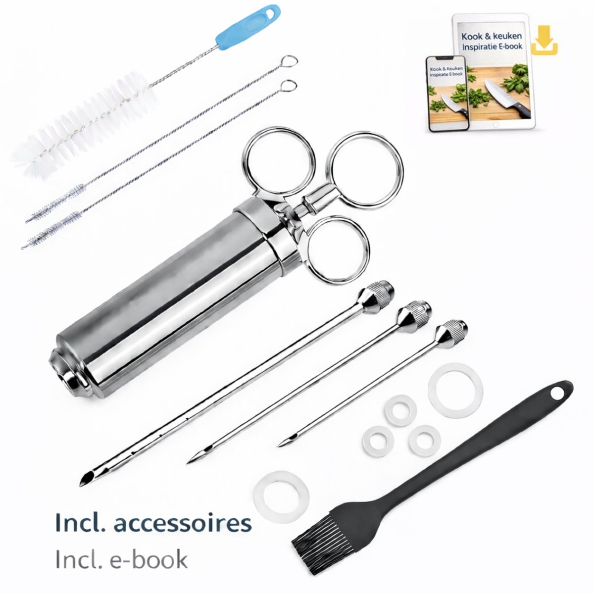 BooGoo® Professionele RVS Marinade Injectiespuit - Inclusief Kook Ebook & Accessoires - 16-delig
