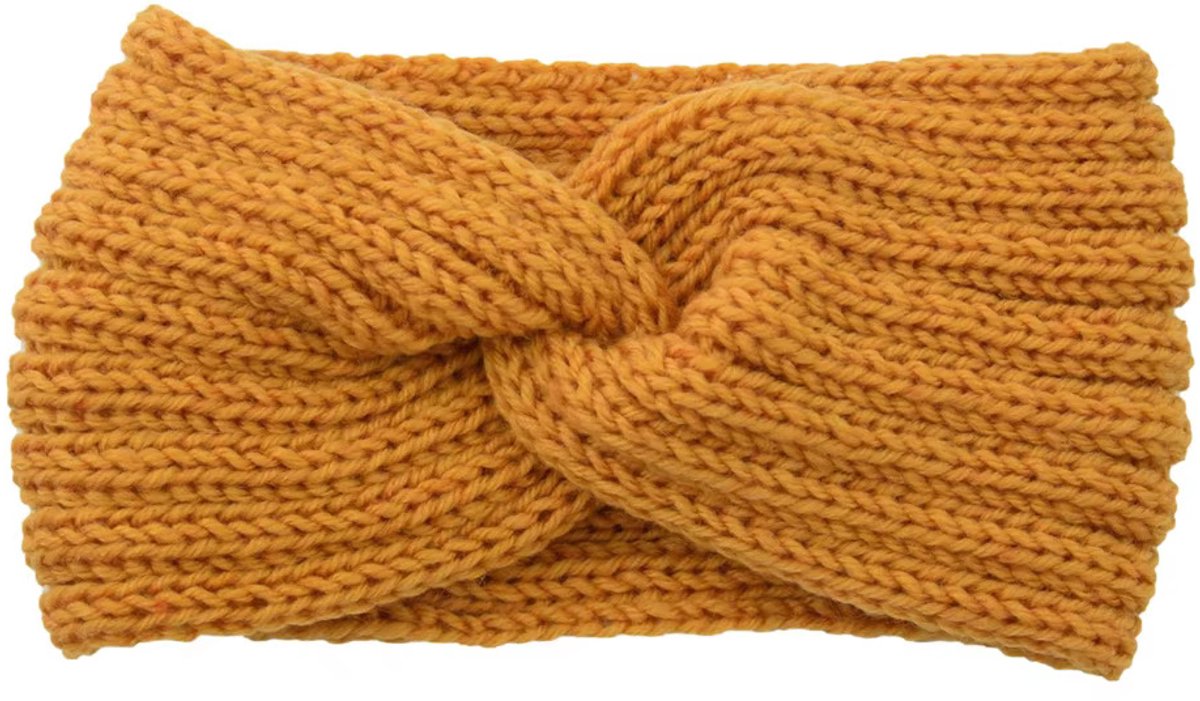 Gebreide Dames winter haarband - oorwarmers - hoofdband Okergeel - met knoop