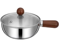 QTTVBTNA - 1 Stuks RVS Kookpan met Deksel – Platte Bodem voor Inductie, Gas en Elektrisch – Koekenpan – Stijlvolle Houten Handgreep – Gelijkmatige Warmteverdeling – Geschikt voor Koken, Sauzen, Soep én Eieren Bakken – Duurzaam & Compact – 14 cm