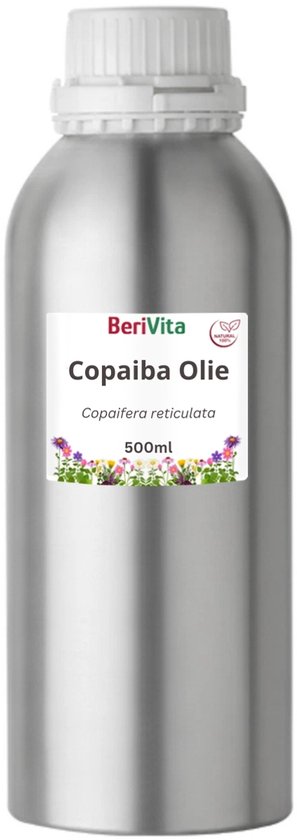 Zilverkleurige metalen fles van 500ml van Berivita met etiket 'Copaiba Olie'.