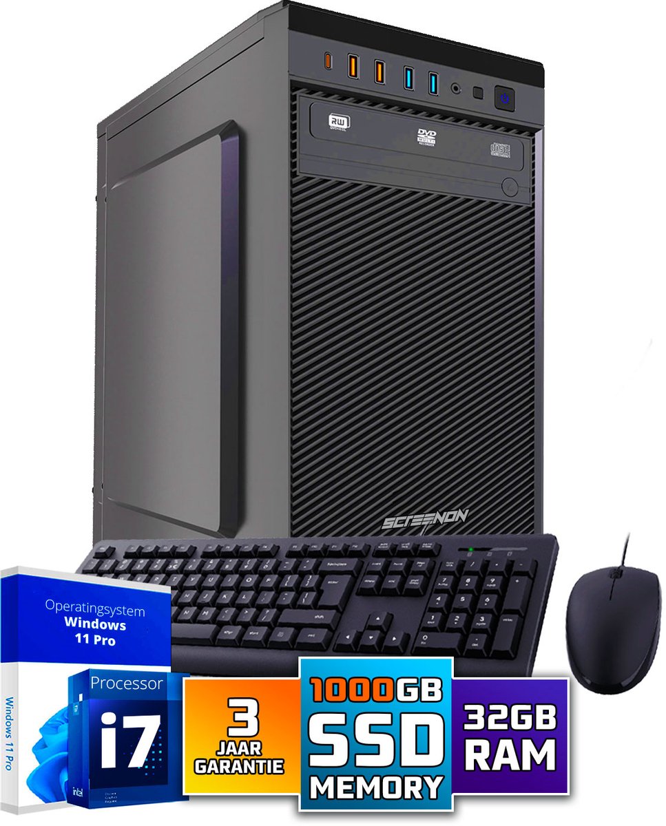 Intel Compleet PC SET | Intel Core i7 | 32 GB DDR4 | 1 TB SSD + Muis & Toetsenbord | Windows 11 Pro + WiFi & Bluetooth