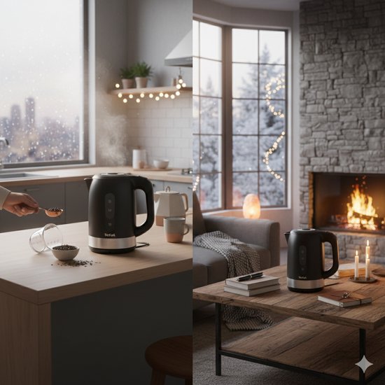 Zwarte Tefal waterkoker naast een open haard en in een keuken met uitzicht op een winterlandschap.