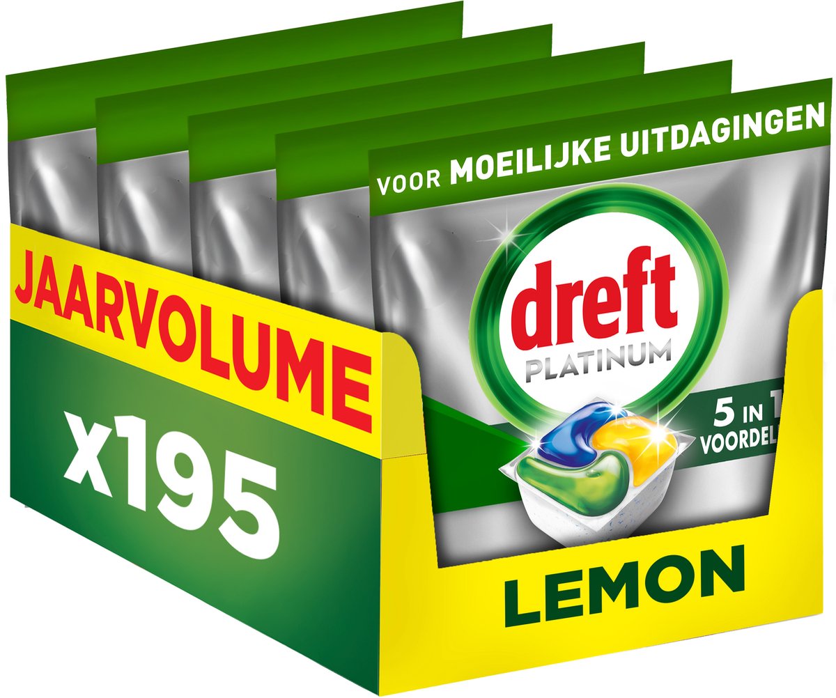Dreft Platinum Vaatwascapsules Citroen - Moeilijke Uitdagingen - Vettig Filter - 5 x 39 stuks — afbeelding 1