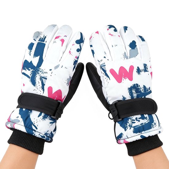 Warme, met fleece gevoerde, verdikte skihandschoenen - Waterdichte en antislip kinderhandschoenen - Warme winterhandschoenen voor kinderen - Graffiti-patroon - Geschikt voor kinderen van 2-5 jaar - S (18 cm lang x 8,5 cm breed)