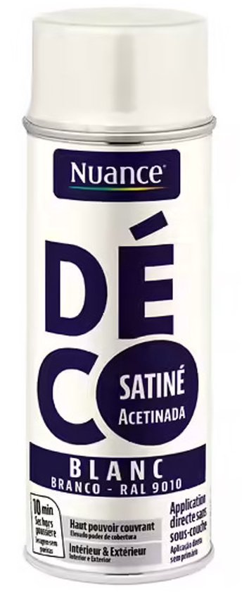 Nuance spuitbus met witte zijdeglans verf, tekst 'DÉCO SATINÉ BLANC BRANCORAL 9010'.