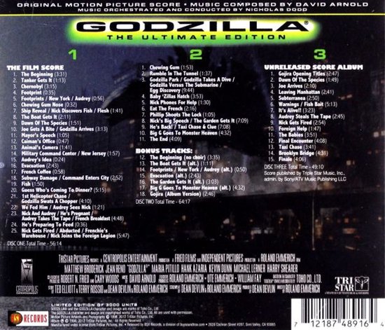 Achterkant van de "Godzilla: The Ultimate Edition" soundtrack CD-hoes, met tracklijsten en credits.