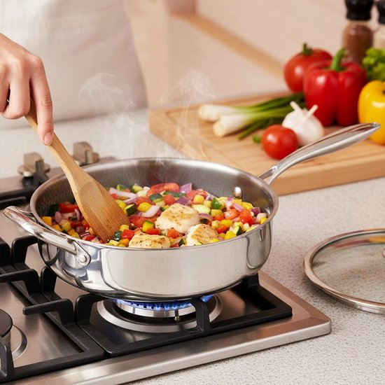 Cheffinger, Hoge Koekenpan 28cm Honingraat Coating met Lange Handgreep en Deksel, Zilveren van Cheffinger — afbeelding 4
