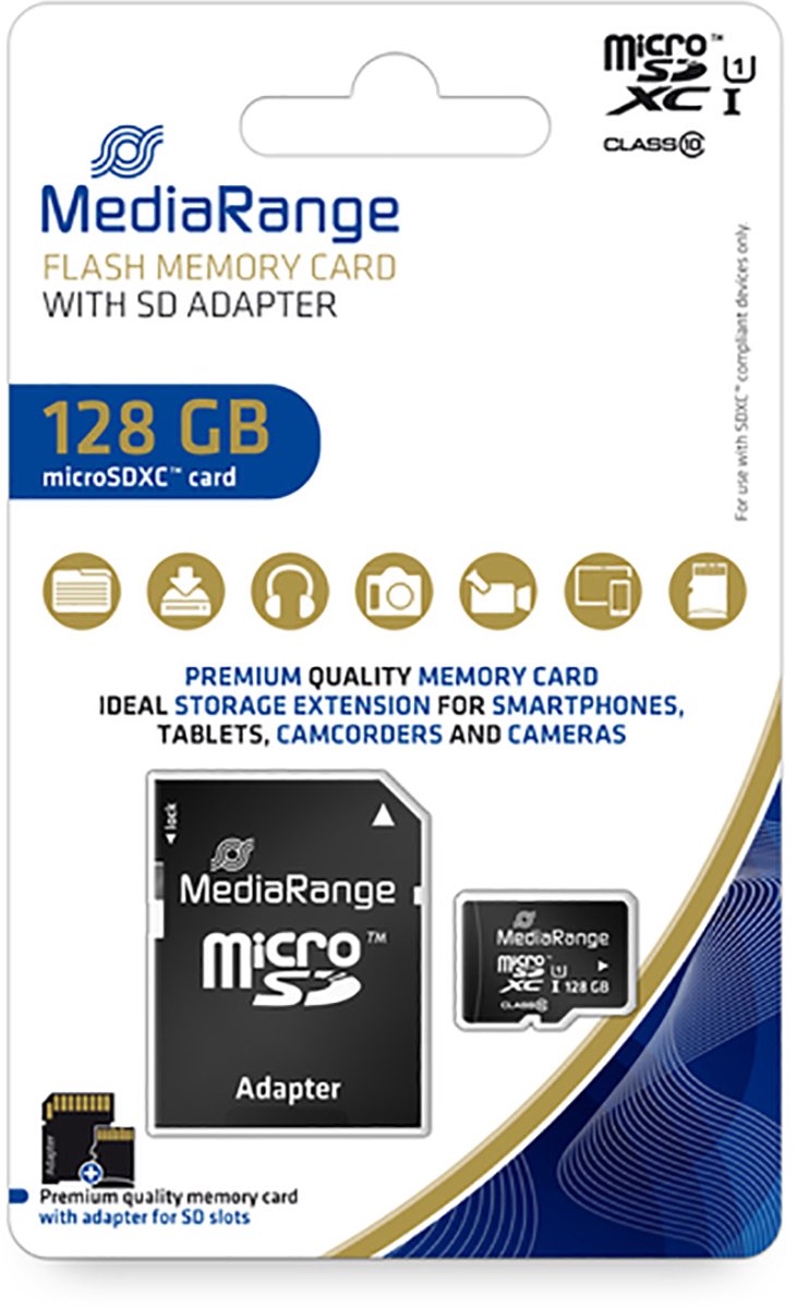MediaRange, 128 GB microSDXC UHS-I klasse 10 met SD Ultra Snelle Overdrachtadapter, Zwart thumbnail 2