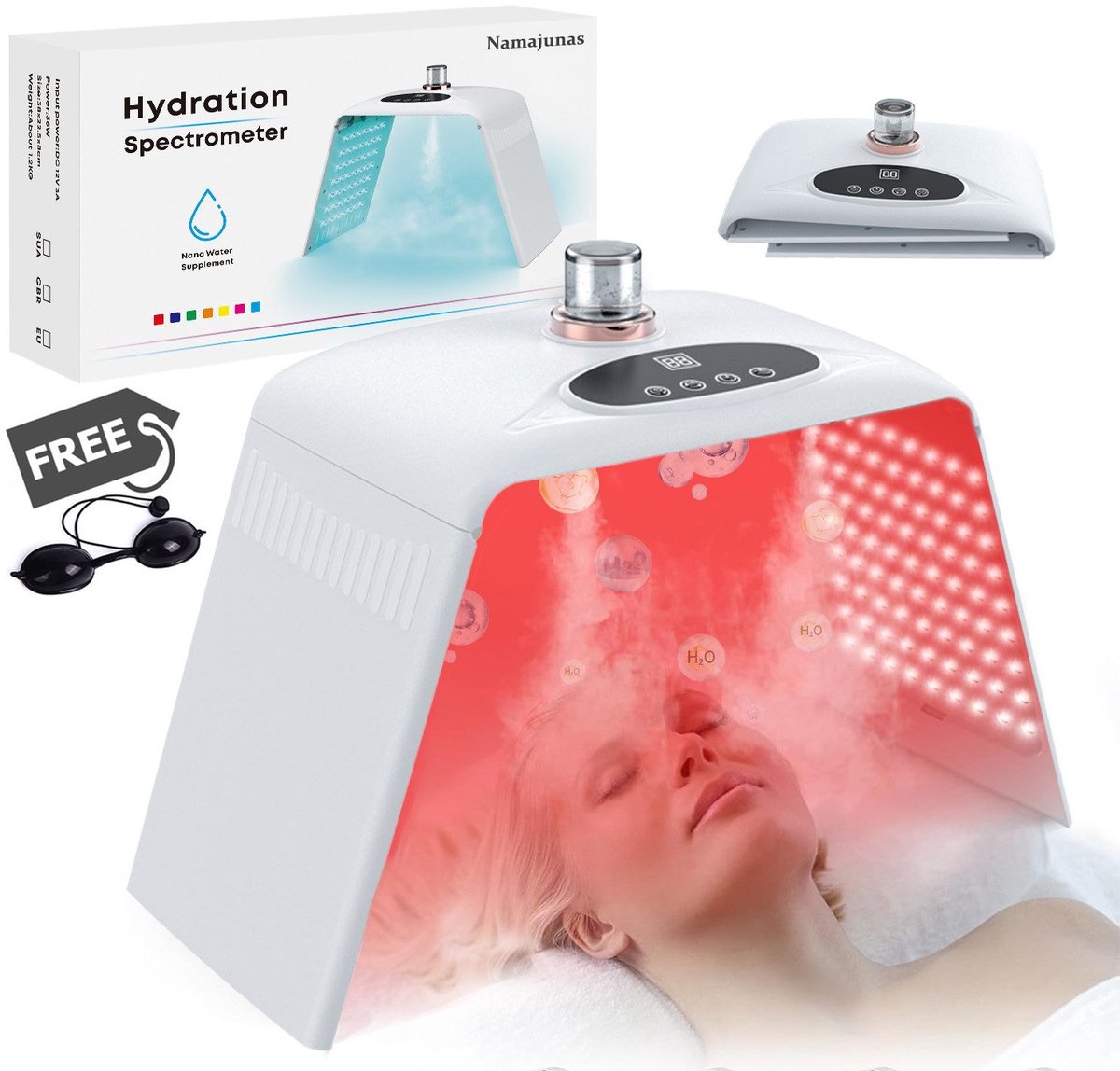 Namajunas - LED masker met 7 kleuren & spuitfunctie - Lichttherapie lamp - Lichttherapiebril - Huidverjongingsapparaat gezicht - Skin care - Anti Aging – Anti Acne – Anti Rimpel Apparaat - Opvouwbare - 7 in 1 gezichtsspray schoonheidsapparaat